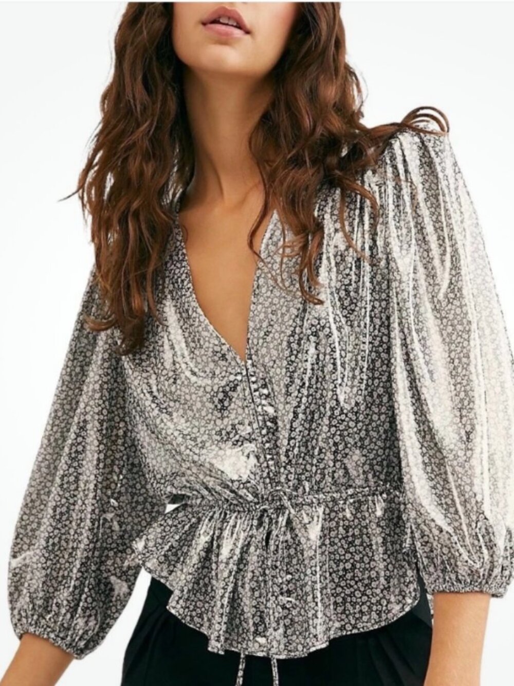 NWOT Free People Talk That Talk Metallic Silver Floral Puff Sleeve Ruffle Top XS